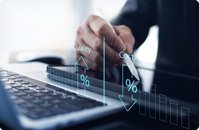 A stock image of quality going up while cost going down